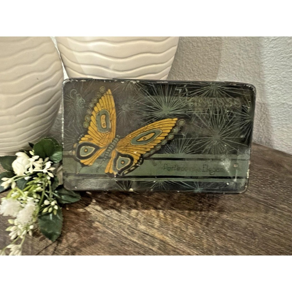 Vintage Mid Century Butterfly Tin Box Hinged Lid Rustic Storage Cottage Decor